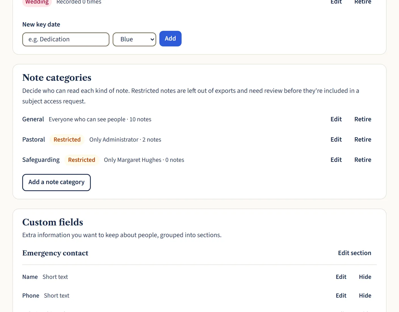 The Note categories and Custom fields sections, with an Emergency contact section containing name and phone fields.